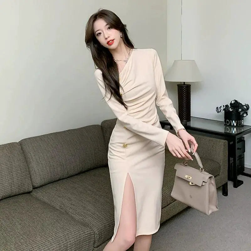 Elegant Red Sheath Dress Retro Chic V Neck Slit Detail