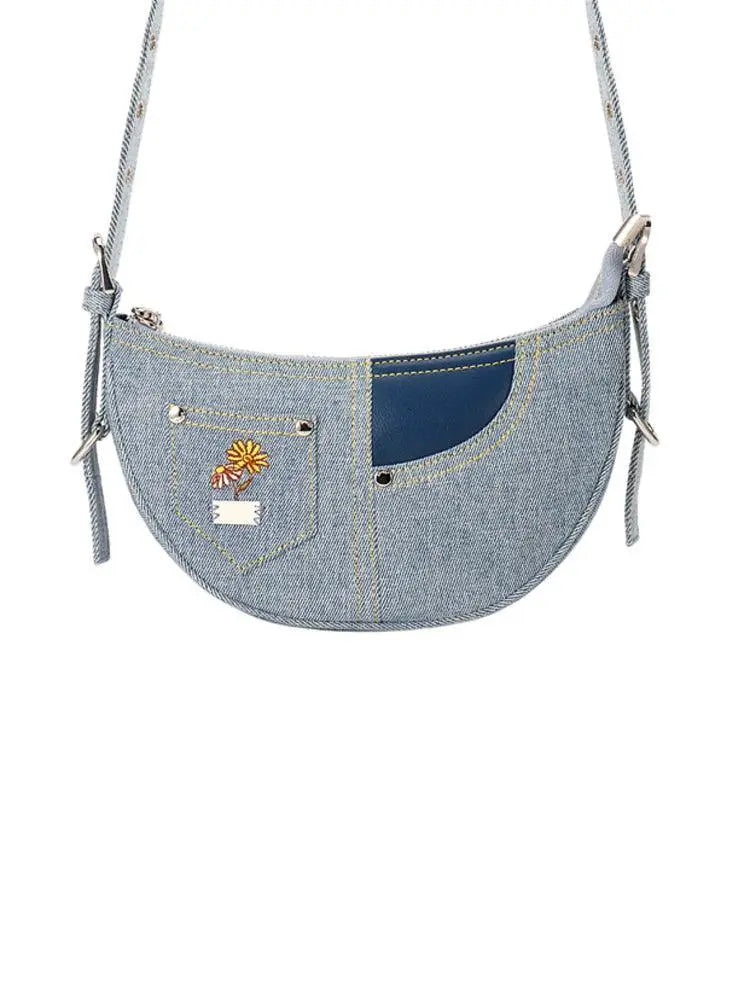 Ajidou Denim Patchwork Retro Crossbody Bag For Casual Use