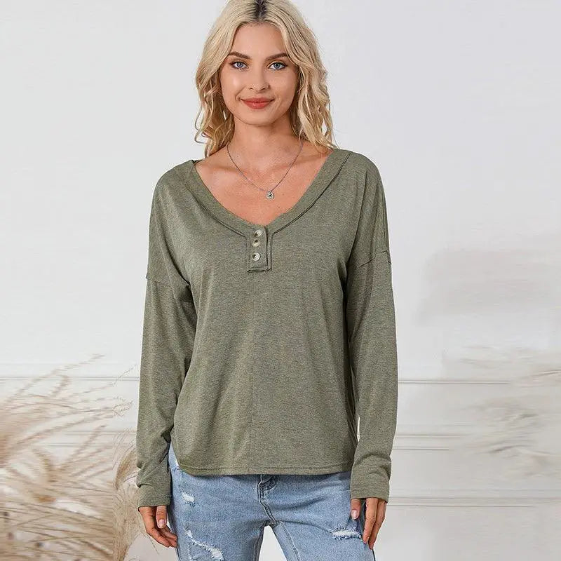 Fall 2024 Pure Color Long Sleeve V Neck Top For Women