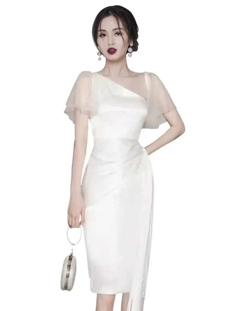 Autumn Elegance Korean Chic Oblique Collar Dress Style