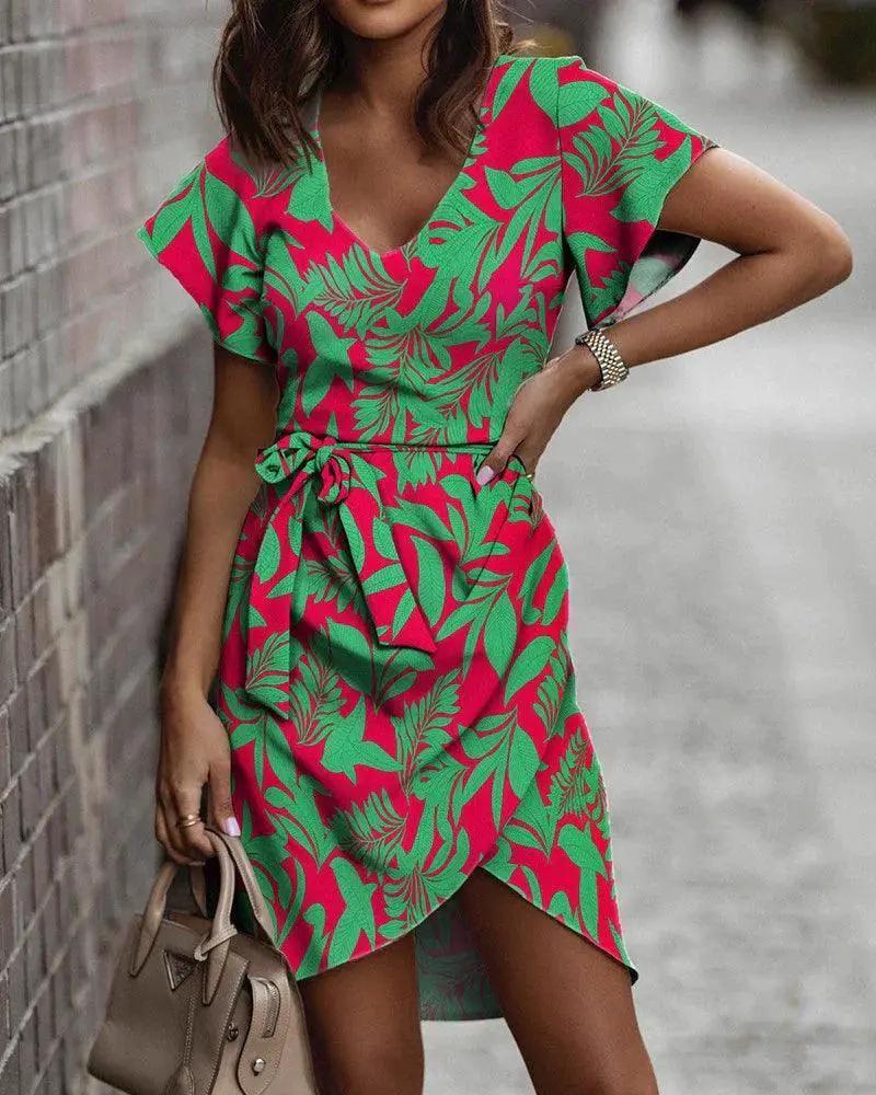 Elegant Lace Print Dress Chic V Neck Irregular Hem Chiffon