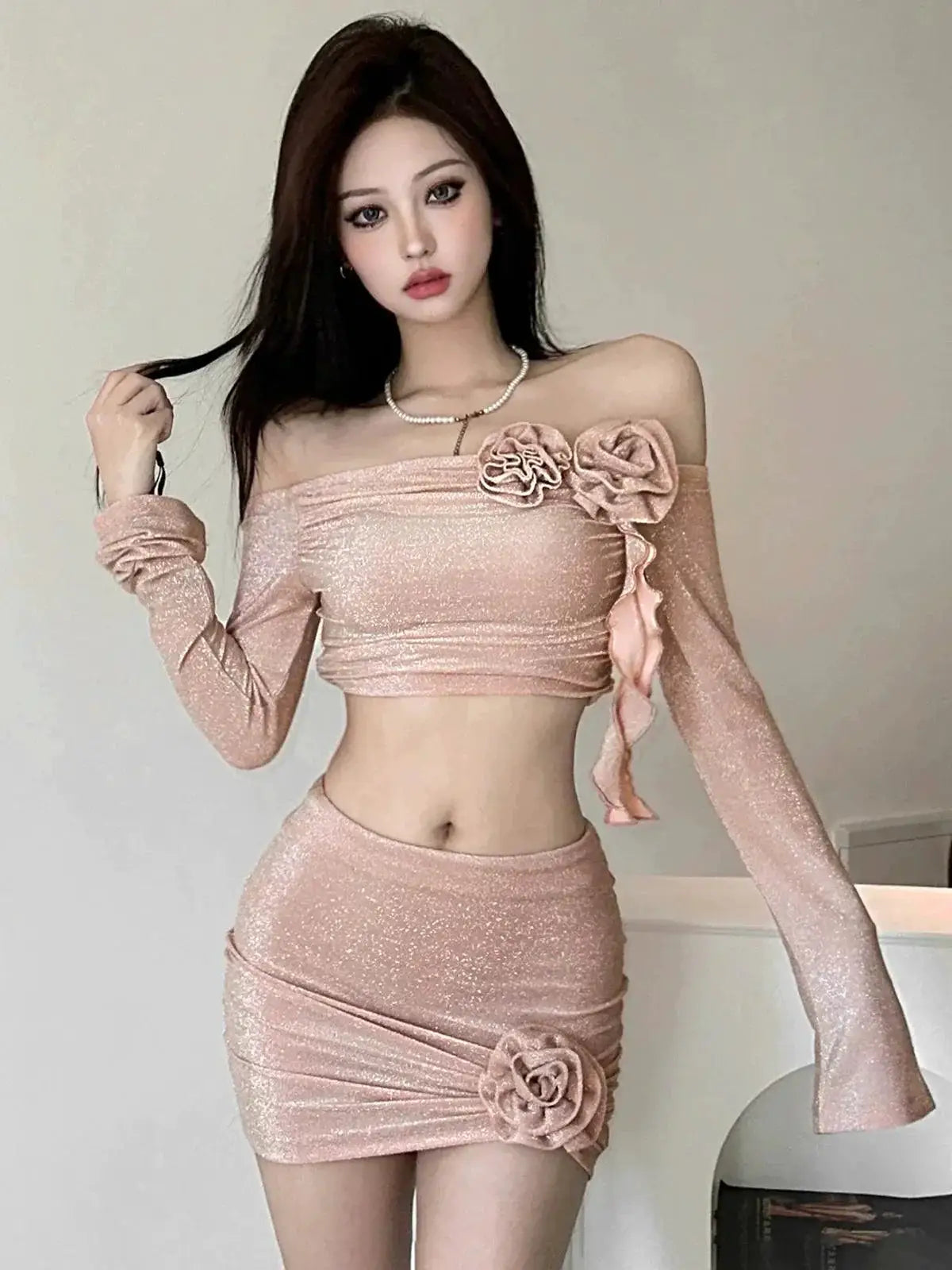 Kliou Flower Off Shoulder T Shirt Elegant Winter Style
