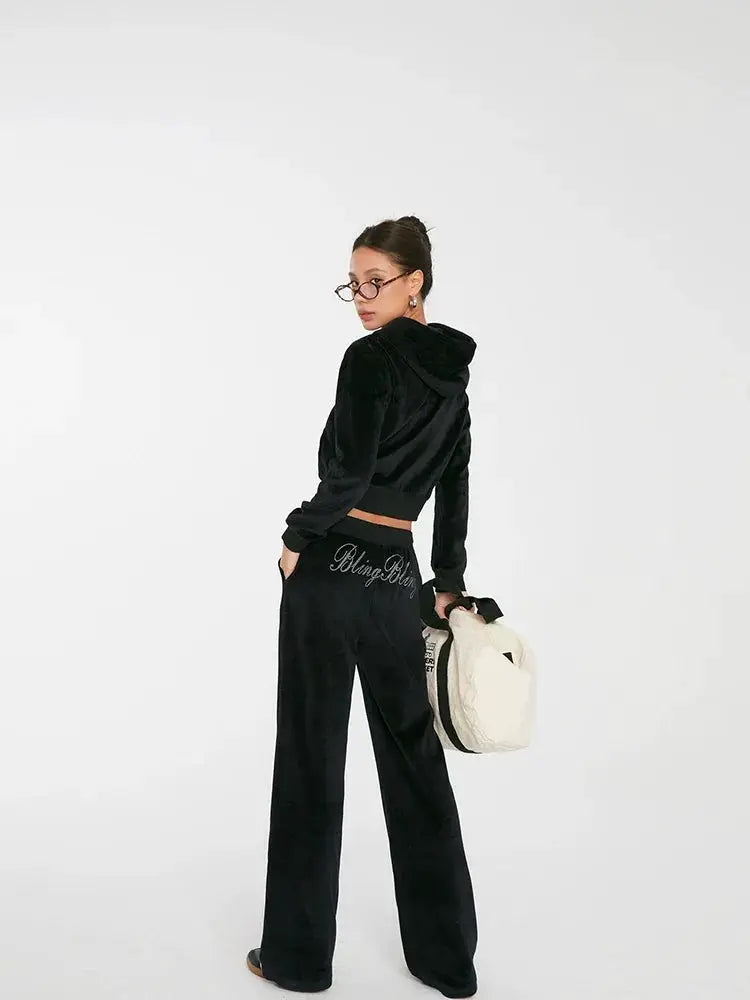 Discoglam Black Rhinestone Velvet Suit Cardigan And Pants