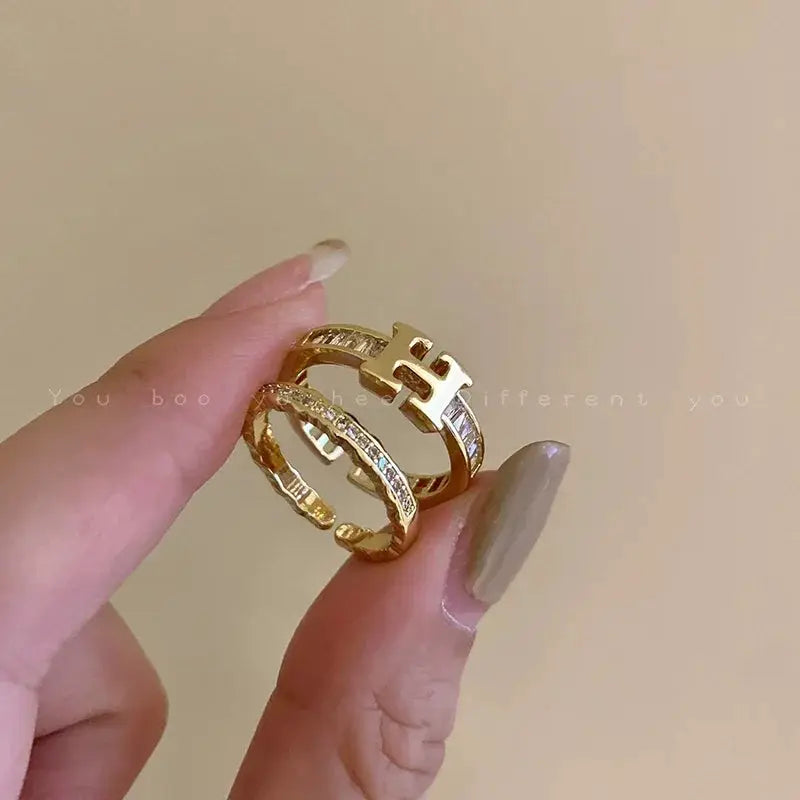 Letter Ring For Women Retro Opening Gold Index Finger Zircon