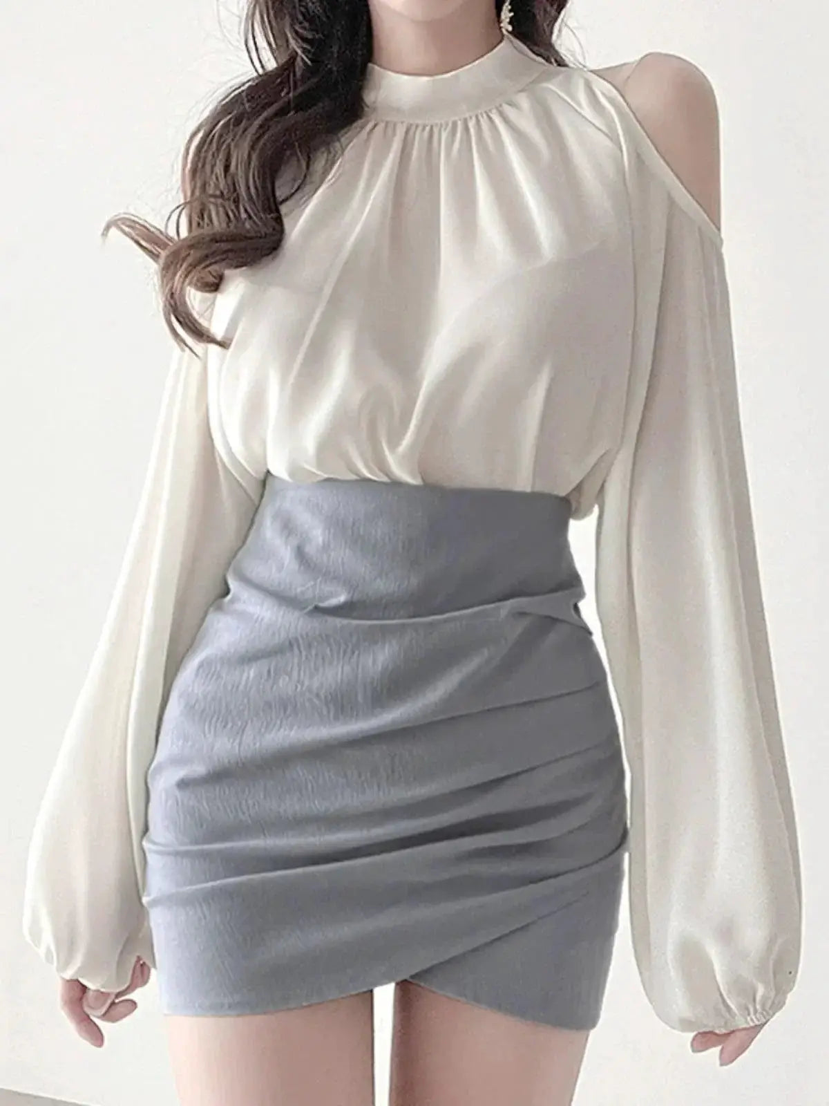 Off The Shoulder Lace Up Chiffon Shirt For Fall Style