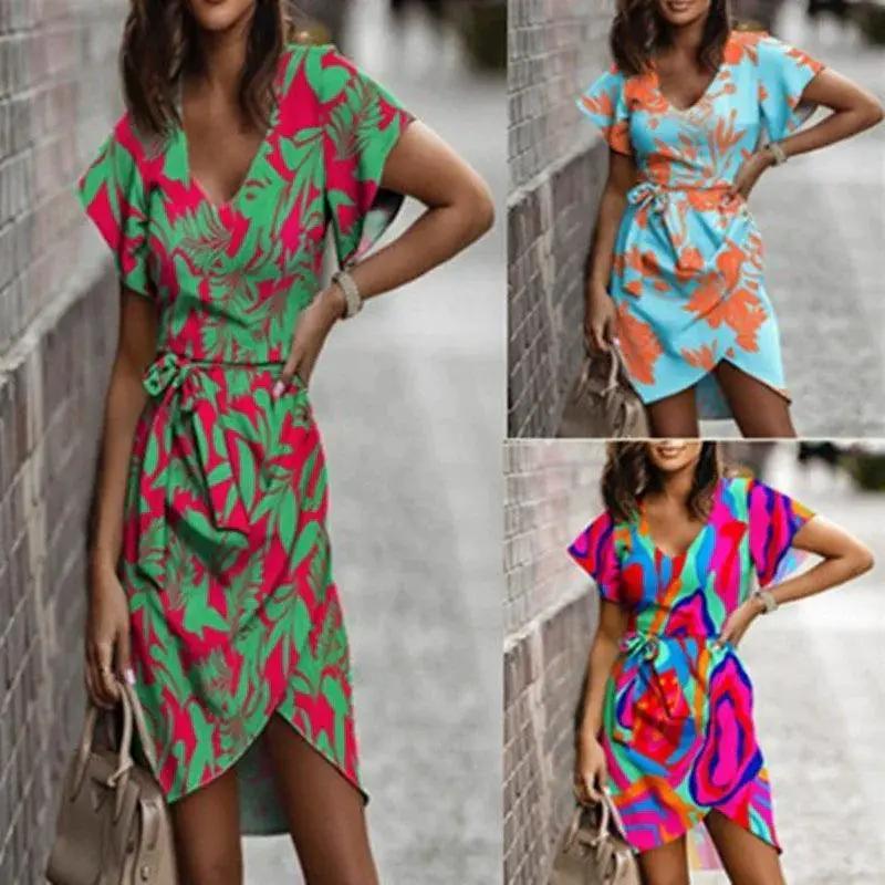 Elegant Lace Print Dress Chic V Neck Irregular Hem Chiffon