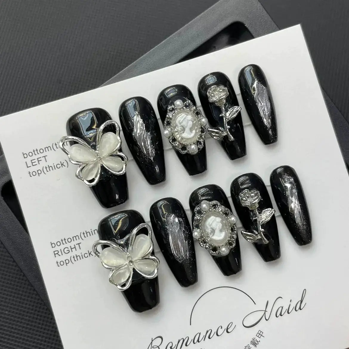 Real Shot Butterfly Rose Rhinestone Manicure Set Long Length
