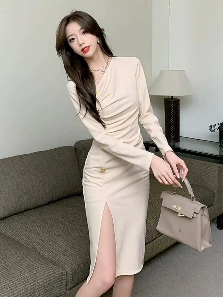Elegant Red Sheath Dress Retro Chic V Neck Slit Detail