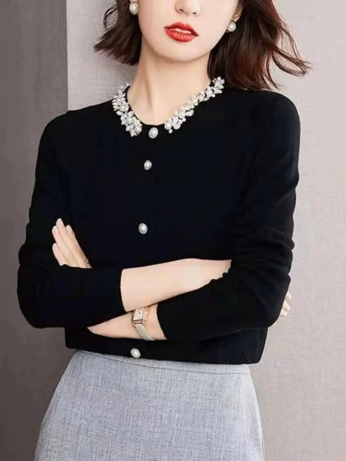 White Wool Cardigan With Beaded Detailing For Autumn