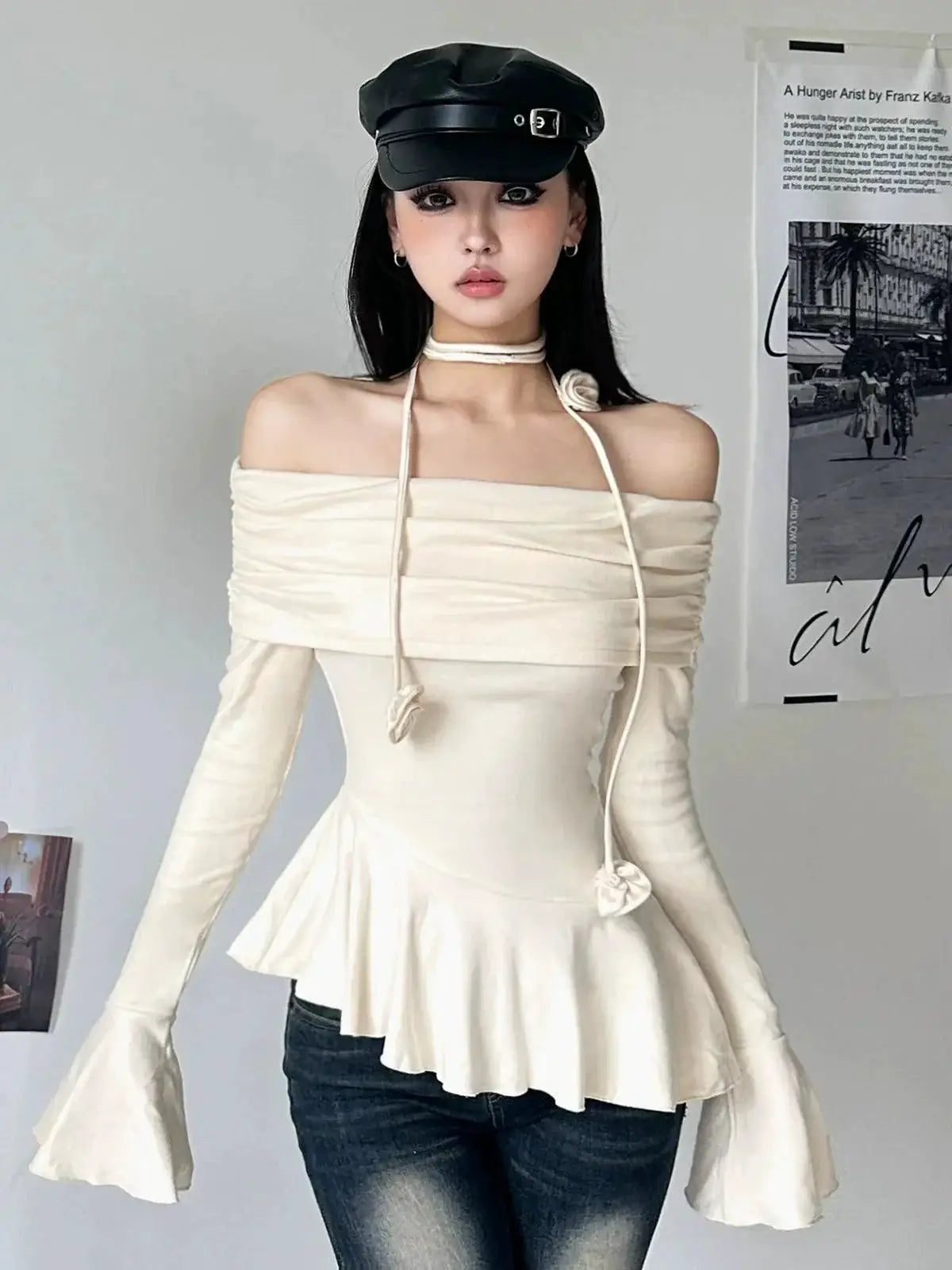 Kliou Slim Fit Off Shoulder Long Sleeve Tee For Autumn