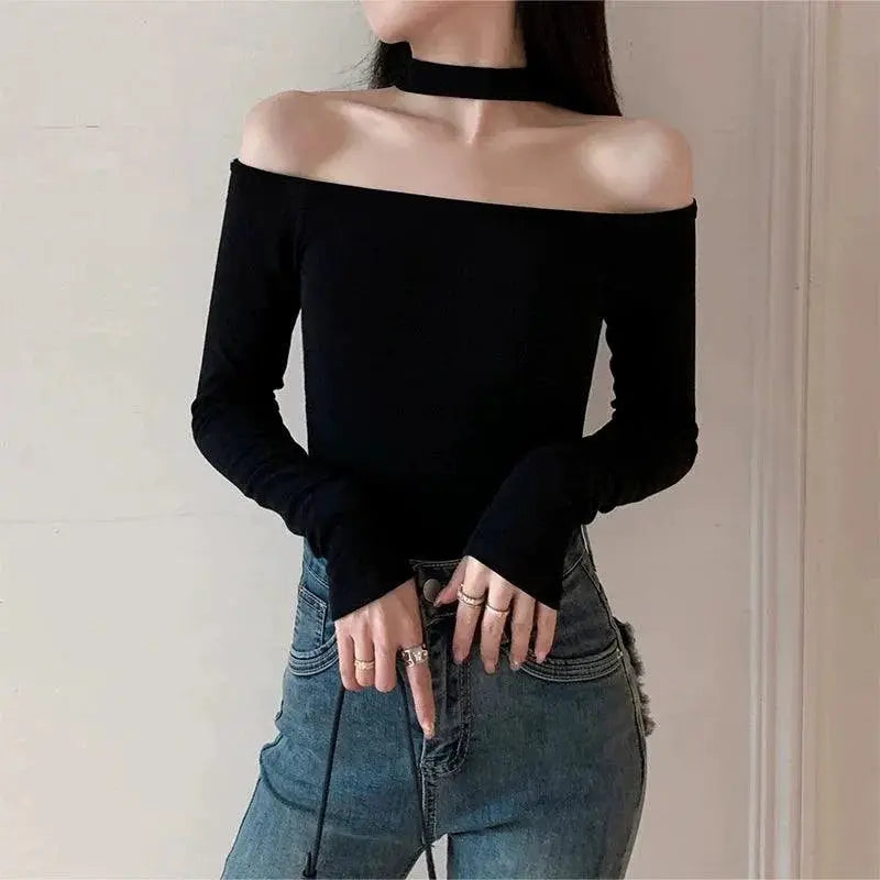 Halterneck Chic Black Hollow T Shirt For Modern Elegance