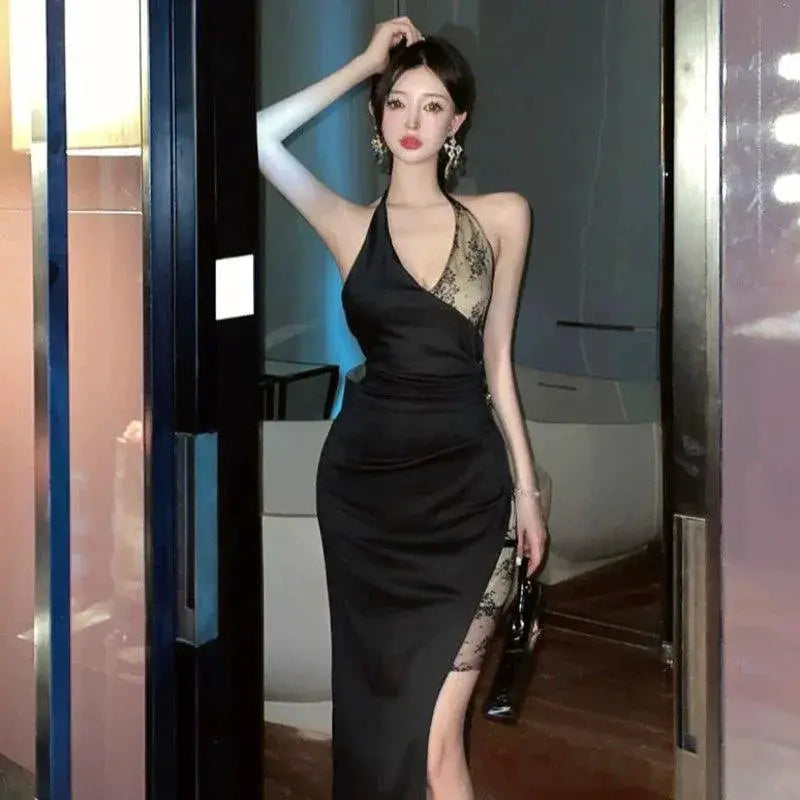 Deep V Neck Lace Halter Dress Glamorous Elegant Statement