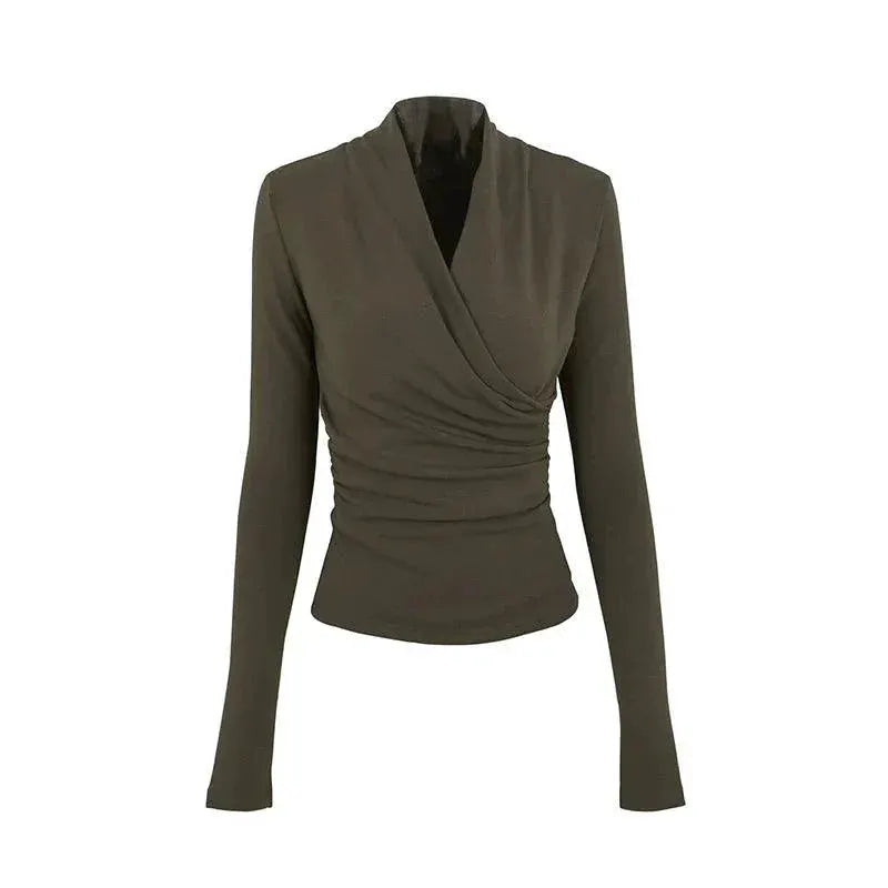 Autumn V Neck Ruched Shirt Elegant Slim Fit Top Stylish