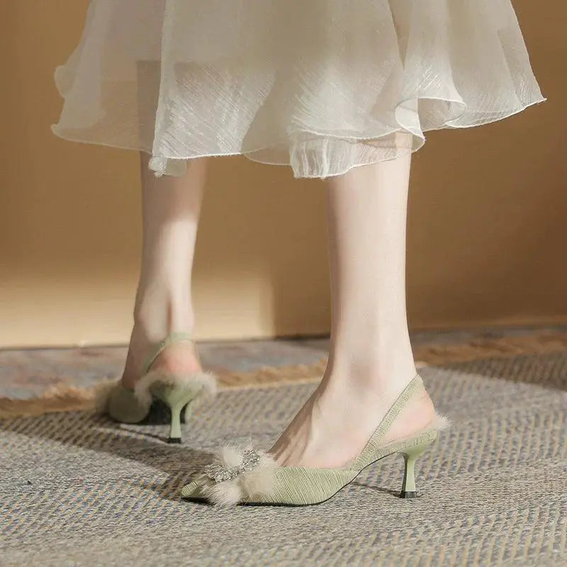 Furry Pointed Rhinestone Heel Shoes Women Elegance