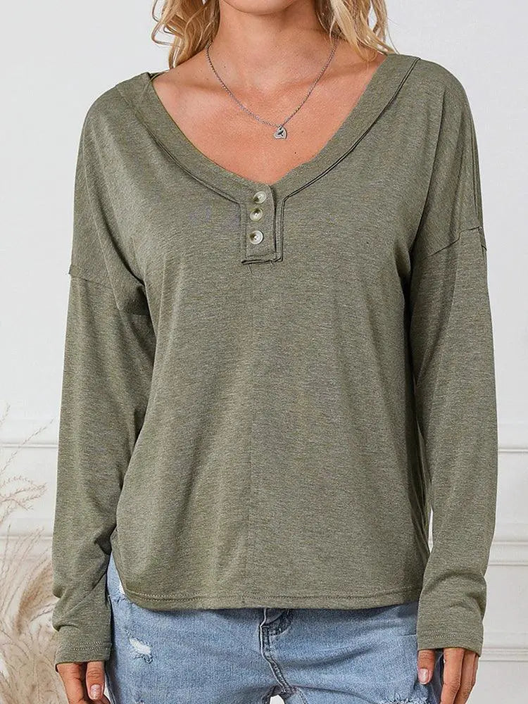 Fall 2024 Pure Color Long Sleeve V Neck Top For Women