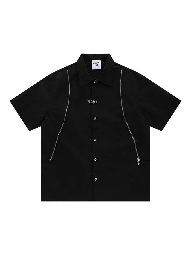 Wukong Goods American Retro Zipper Short Sleeve Shirt