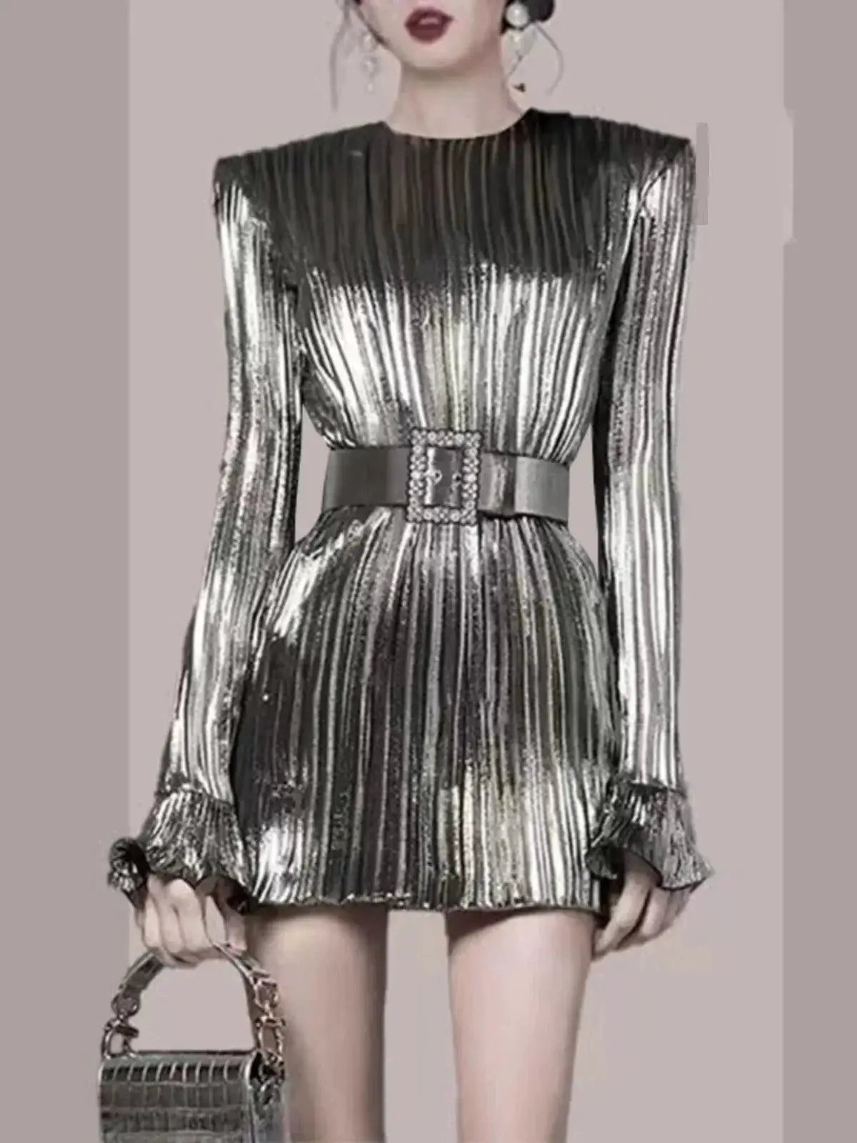 Luxurious Silver Pleated Dress For Fall Fashion Elegance