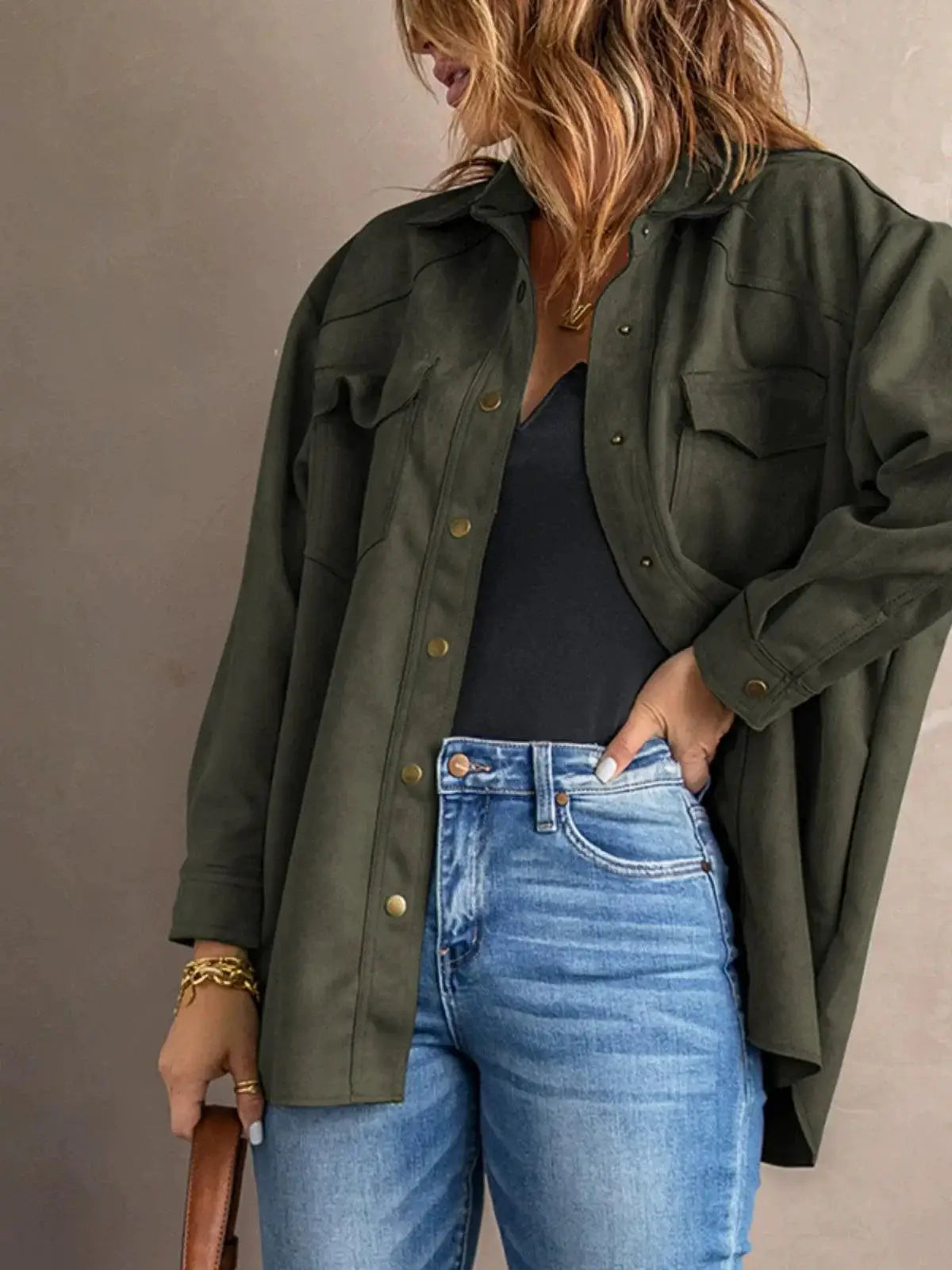 Pure Color Snap Button Loose Suede Shirt Coat Chic