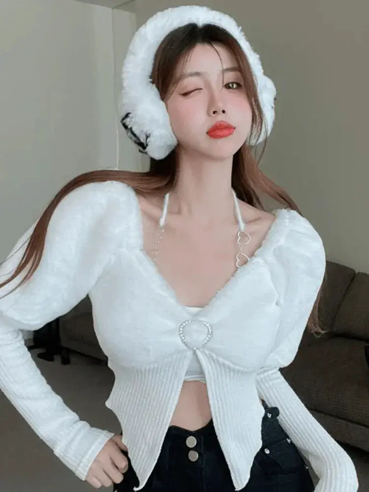 Modern Korean Style V Neck Halter Sweater Crop Top