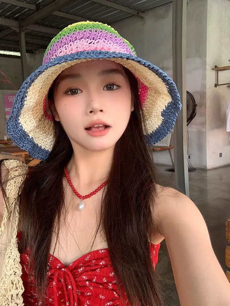 Rainbow Straw Hat For Women Sunproof Beach Summer Accessory