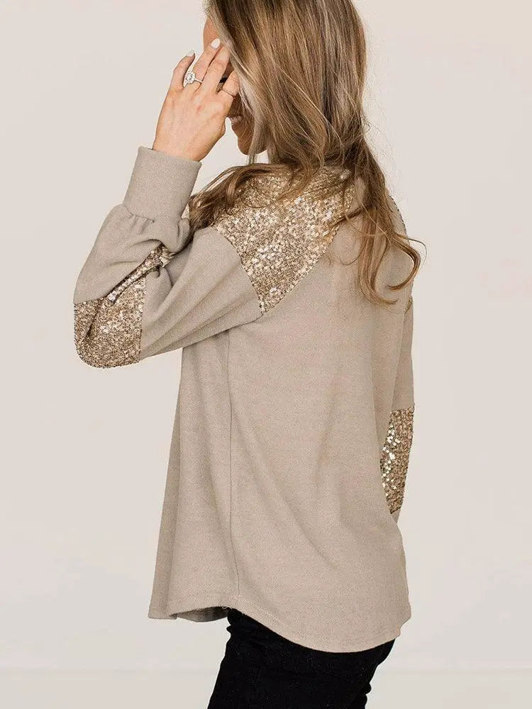 Fall Winter Sequin Long Sleeves Casual Women T Shirt