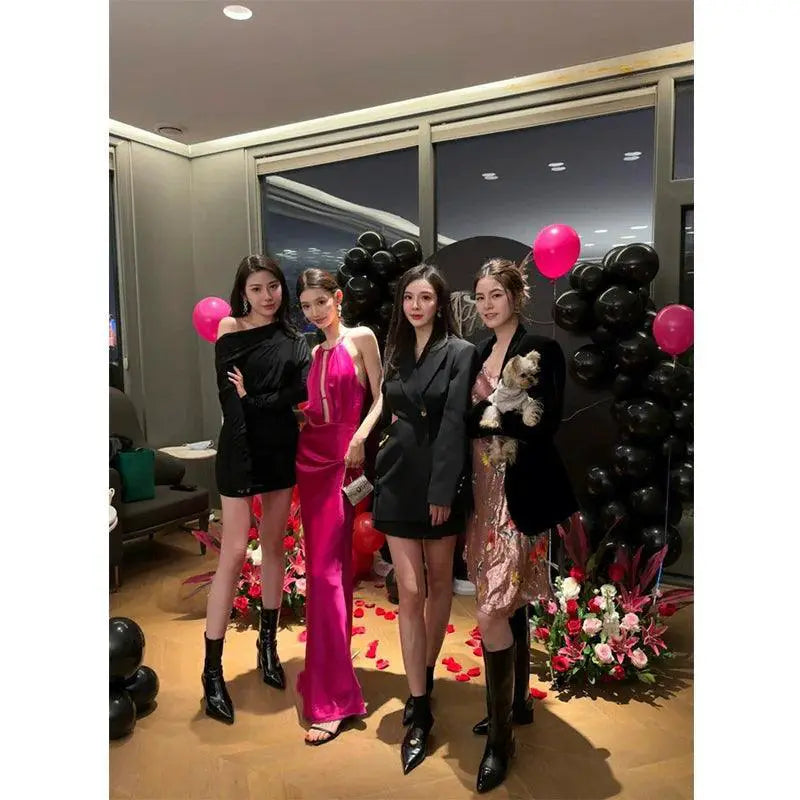 Dragon Fruit Halter Dress Elegant Sleeveless Partywear
