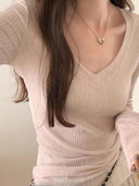 Gray V-neck Sexy Knitting Niche Style Micro Transparent Shirt
