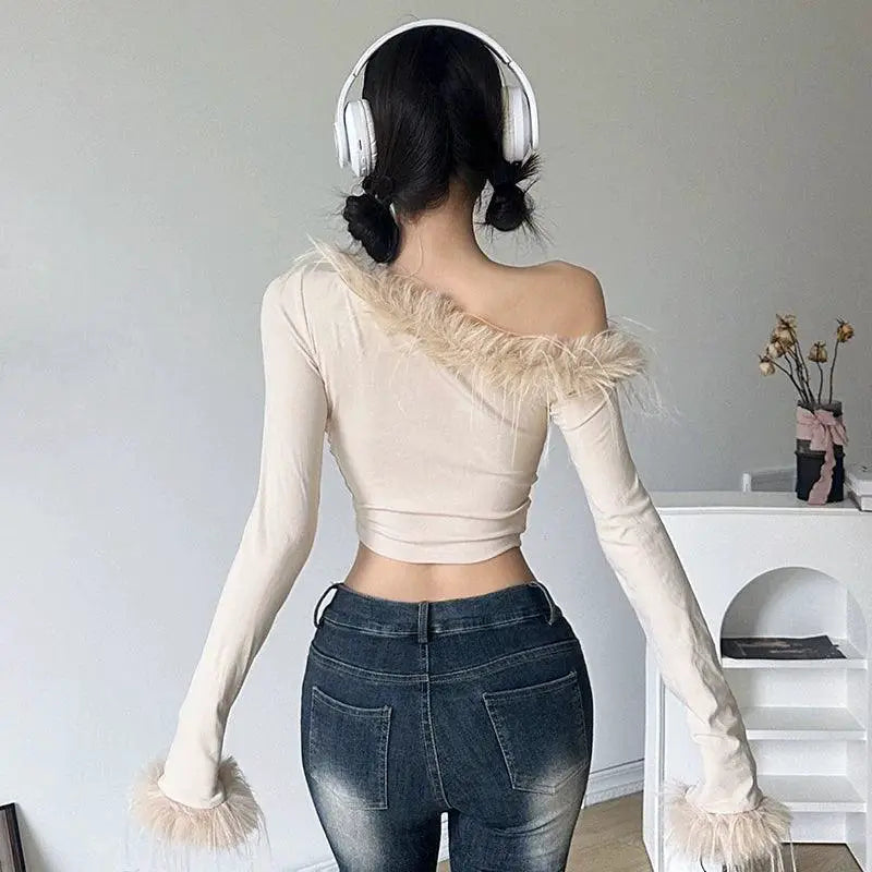 Retro Furry Patchwork One Shoulder T Shirt Autumn Style