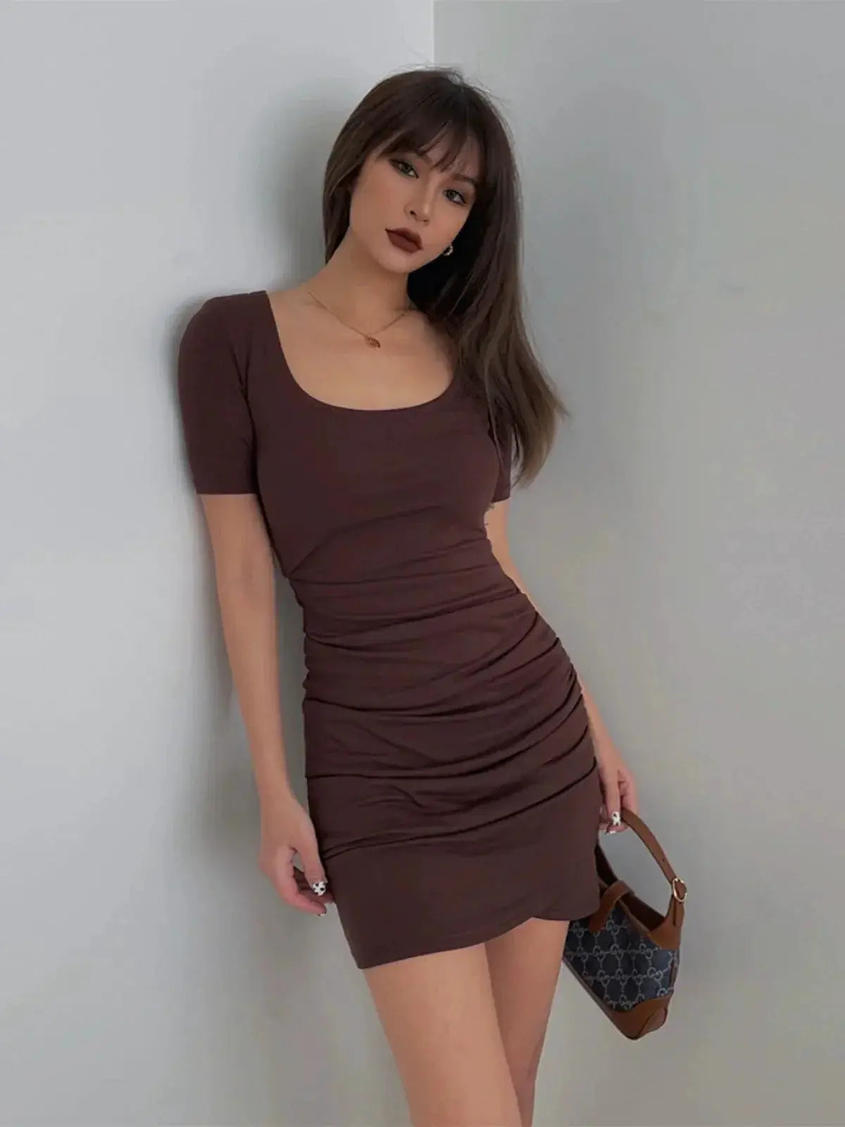 Coffee Pleated Summer Dress Chic Asymmetric Elegance Women