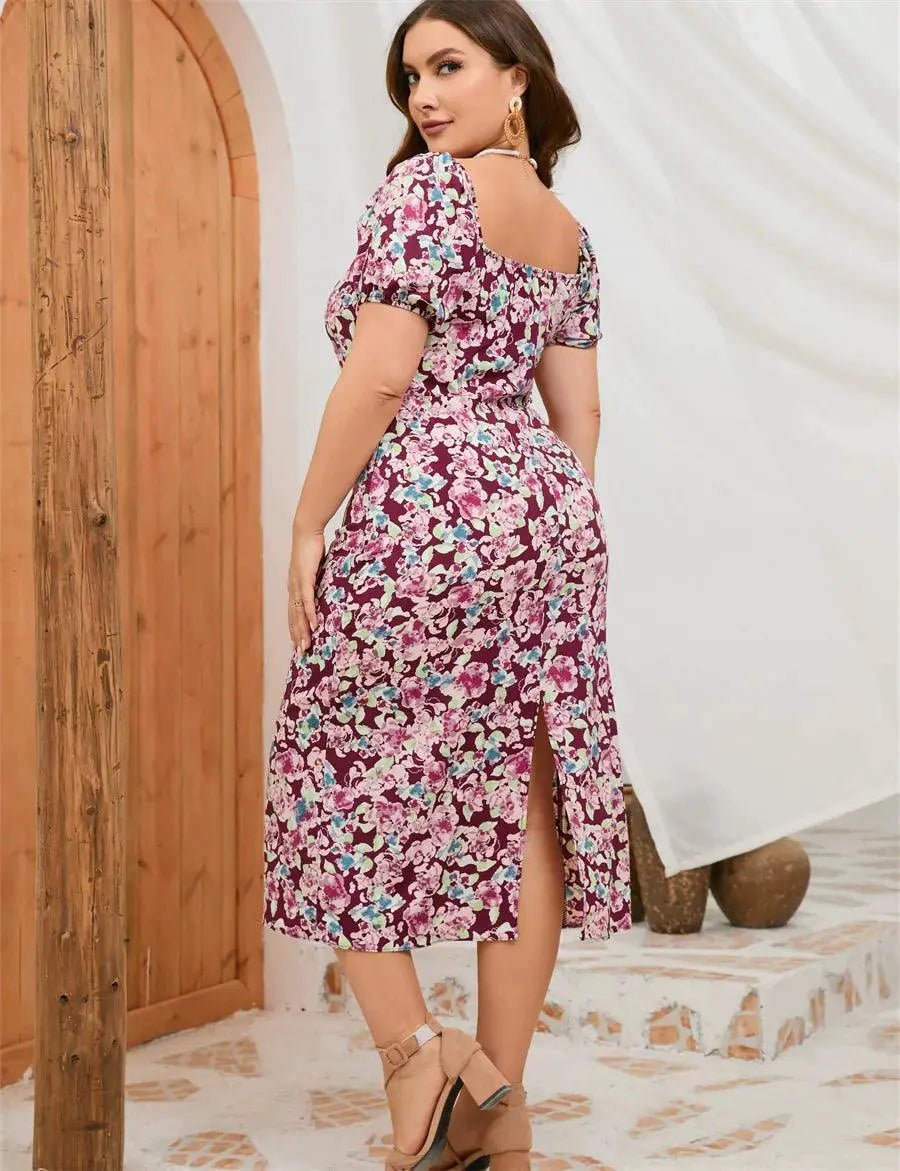 Plus Size Floral Puff Sleeve Dress Summer Chic Garden Party