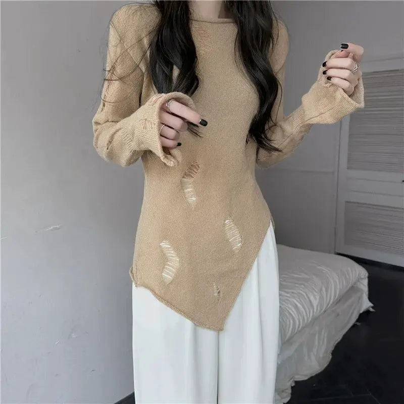 Black Ripped Hollow Knit Long Sleeve Pullover Korean Style