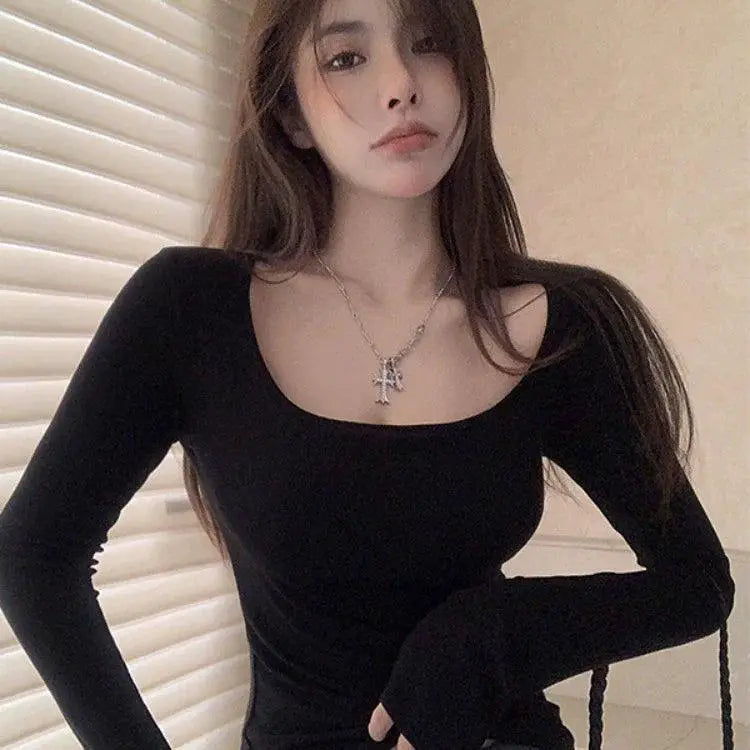 Square Seduction Chic Low Cut Long Sleeve Top For Women