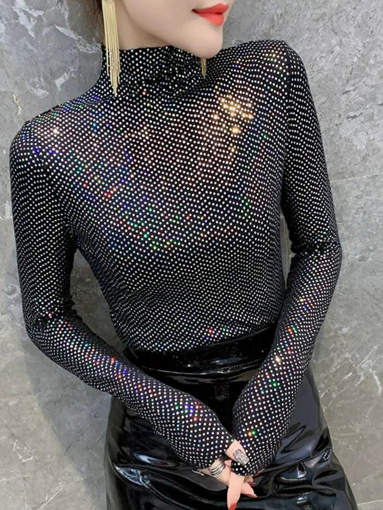 European Chic Sequin Turtleneck Shirt For Autumn Fashion