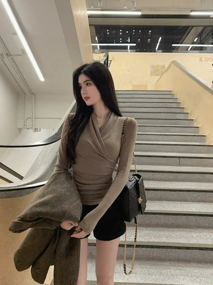 Autumn V Neck Ruched Shirt Elegant Slim Fit Top Stylish
