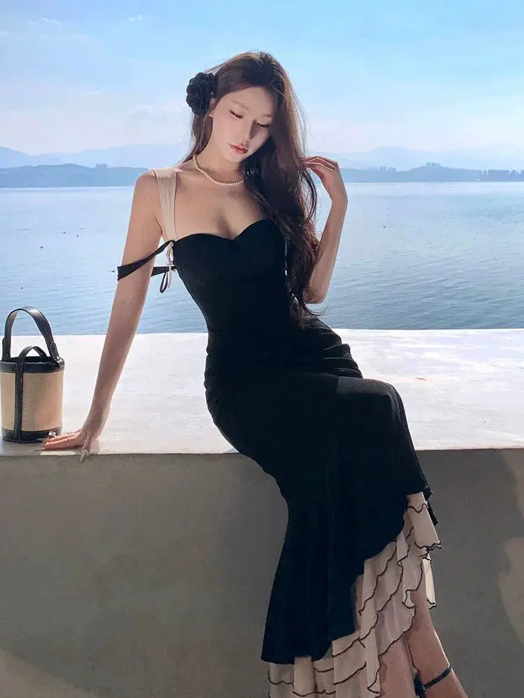 French Black Backless Dress Lotus Sling Stylish Summer Look