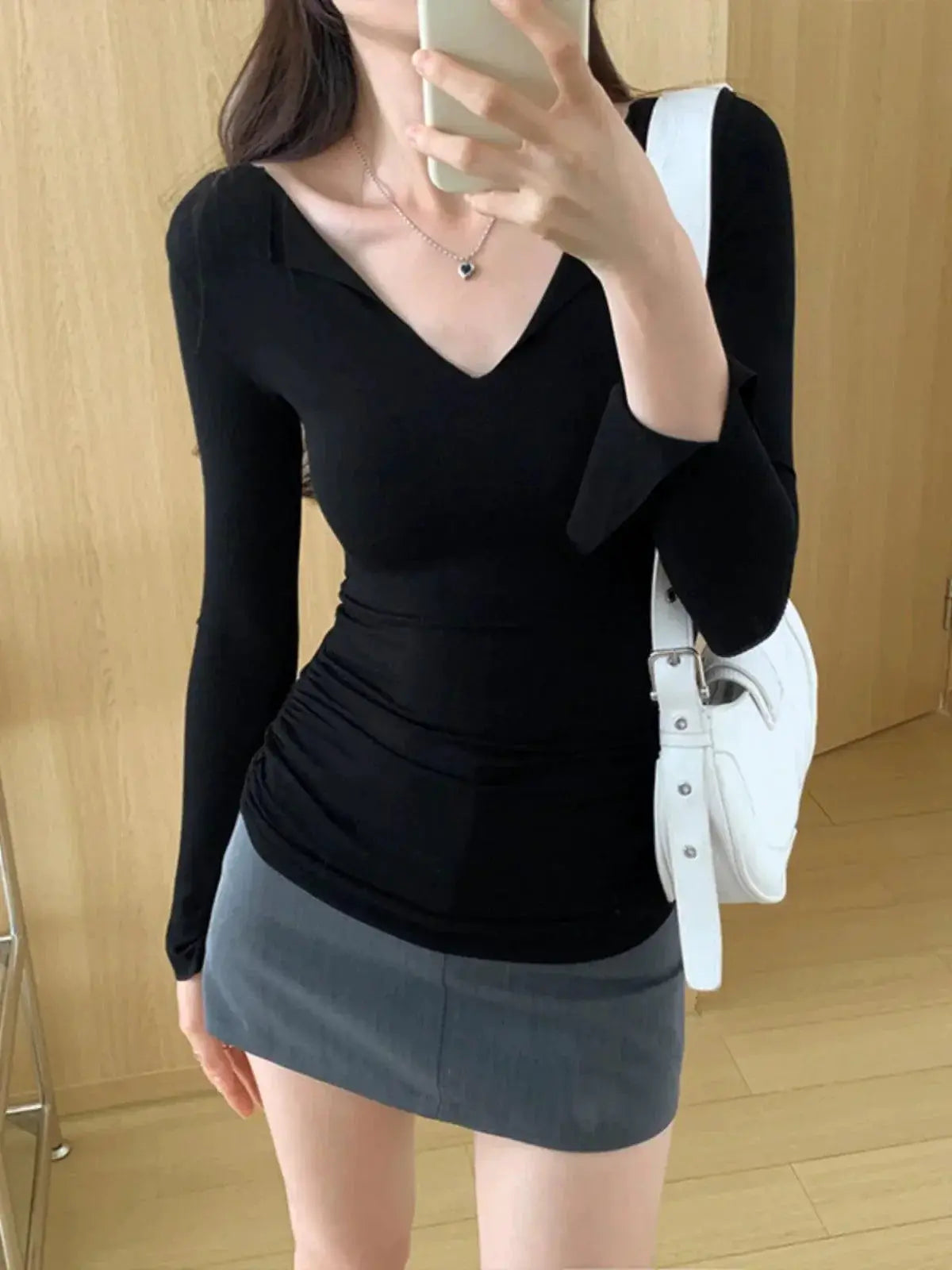 Sexy V Neck Long Sleeve T Shirt Chic Women Bottoming Shirt