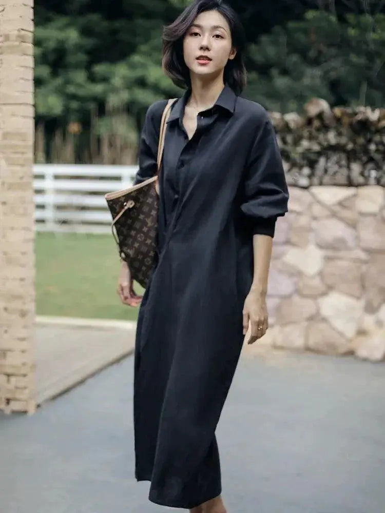 Sensual Shirt Dress Luxury Linen Cotton Polo Overknee Dress