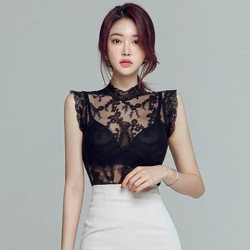 Black Lace Mesh Shirt For Women Summer Fashion Elegance