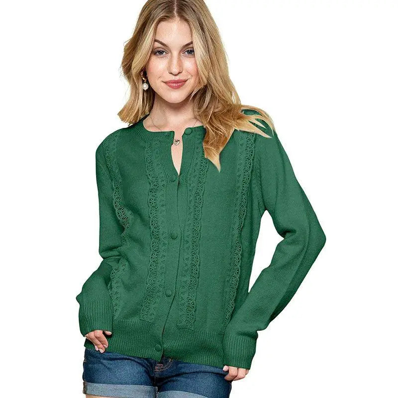 Autumn Crew Neck Cardigan Lace Trim European American Style