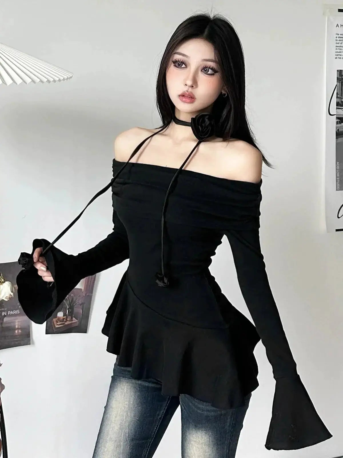 Kliou Slim Fit Off Shoulder Long Sleeve Tee For Autumn