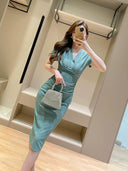 Sophisticated French-Inspired V-Neck Midi Dress Summer Workwear