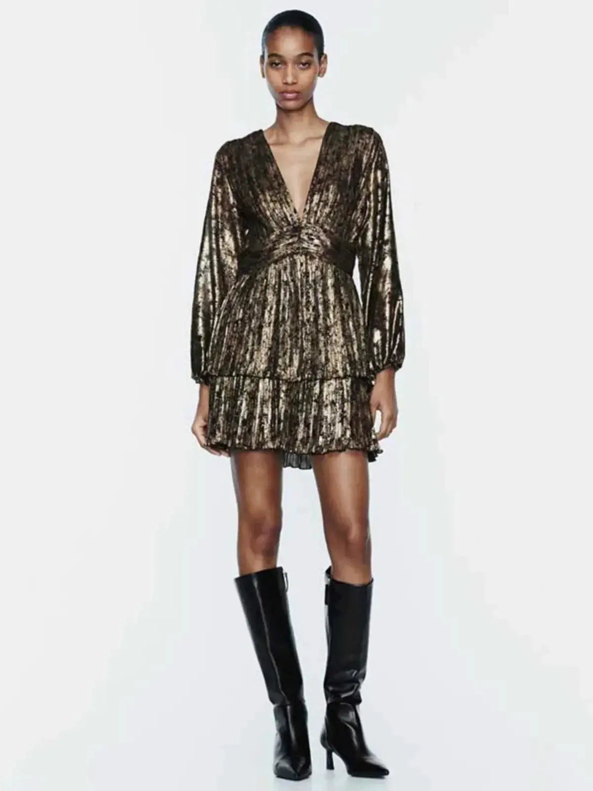 Laminated Metal Mini Dress Urban Elegance And Edginess