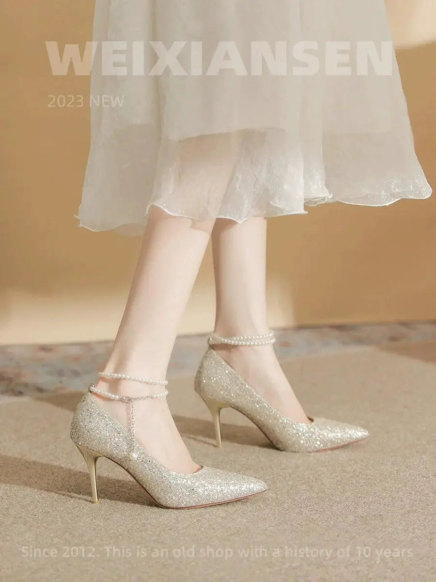 French Gold Ankle Strap High Heels For Elegant Parties