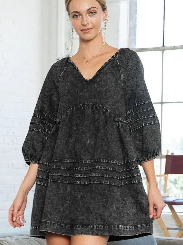 New V Neck Denim Knee Length Skirt Open Back Loose Pullover
