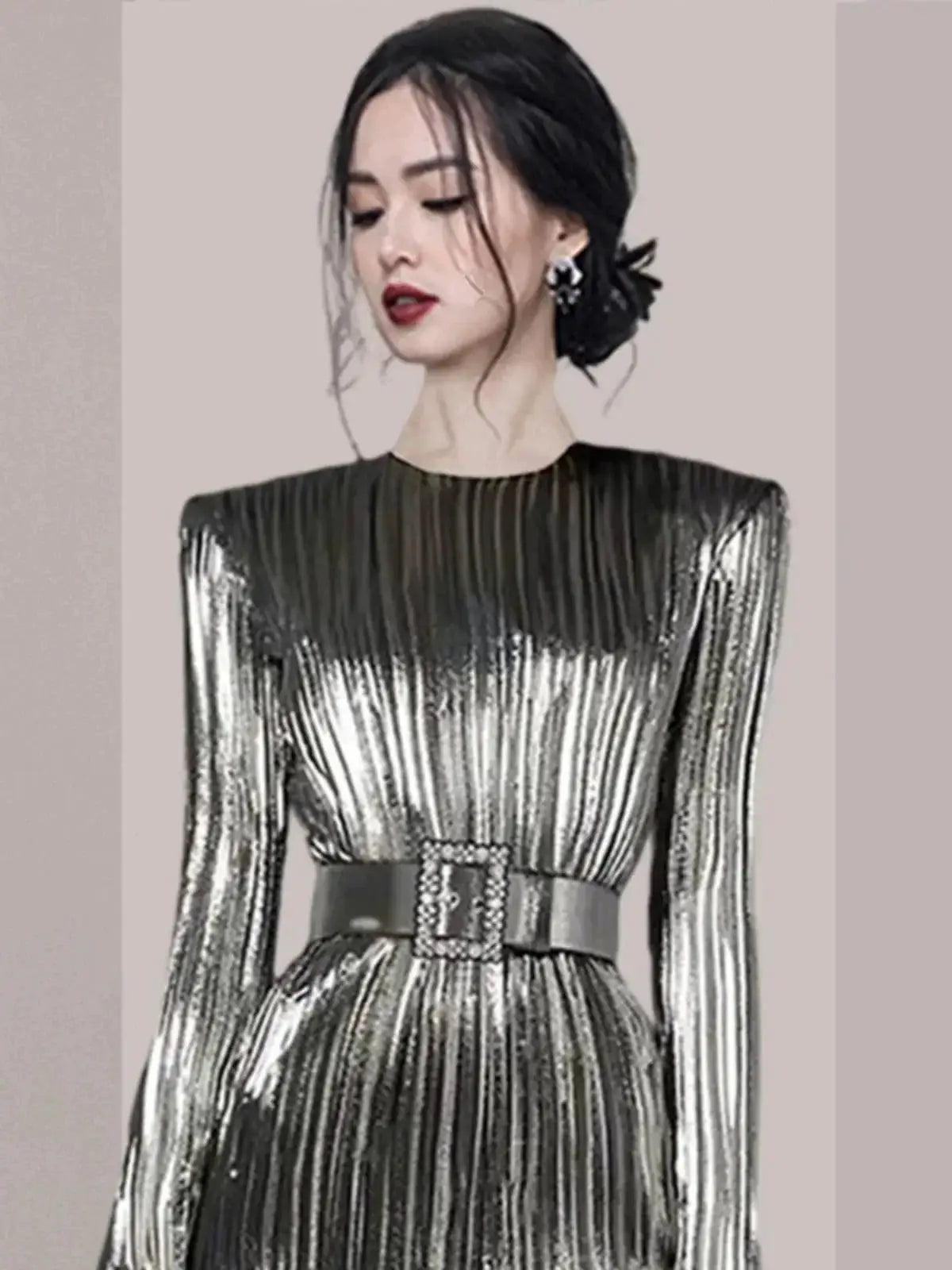 Luxurious Silver Pleated Dress For Fall Fashion Elegance