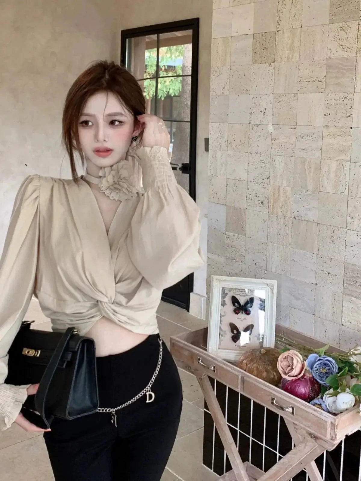 Cross V Neck Long Sleeve Shirt Chic Fashion Statement