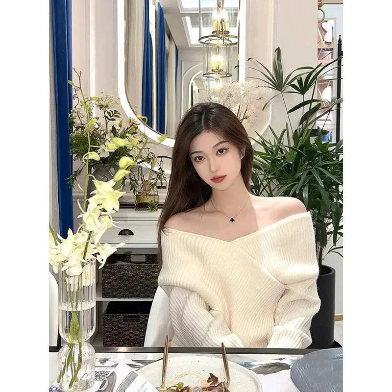 White Knit V Neck Sweater Off Shoulder Design Chic