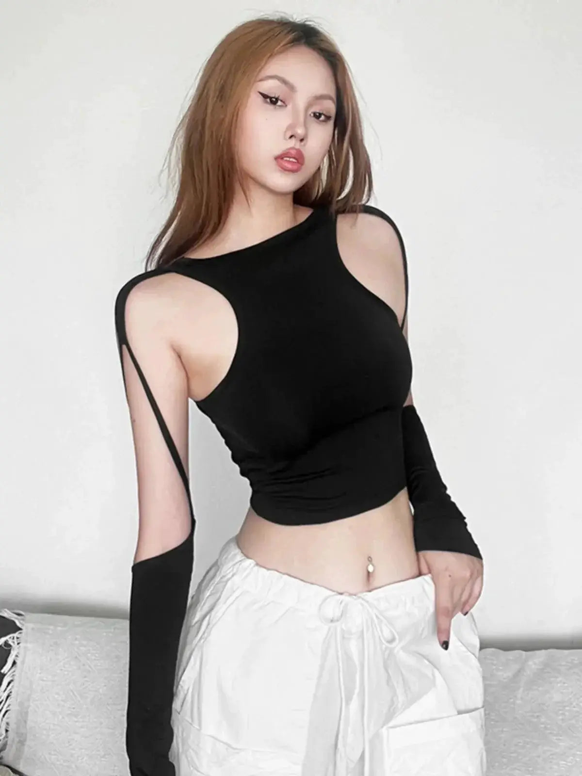 Weird Puss Cut Out Long Sleeve T Shirt Edgy Streetwear Style