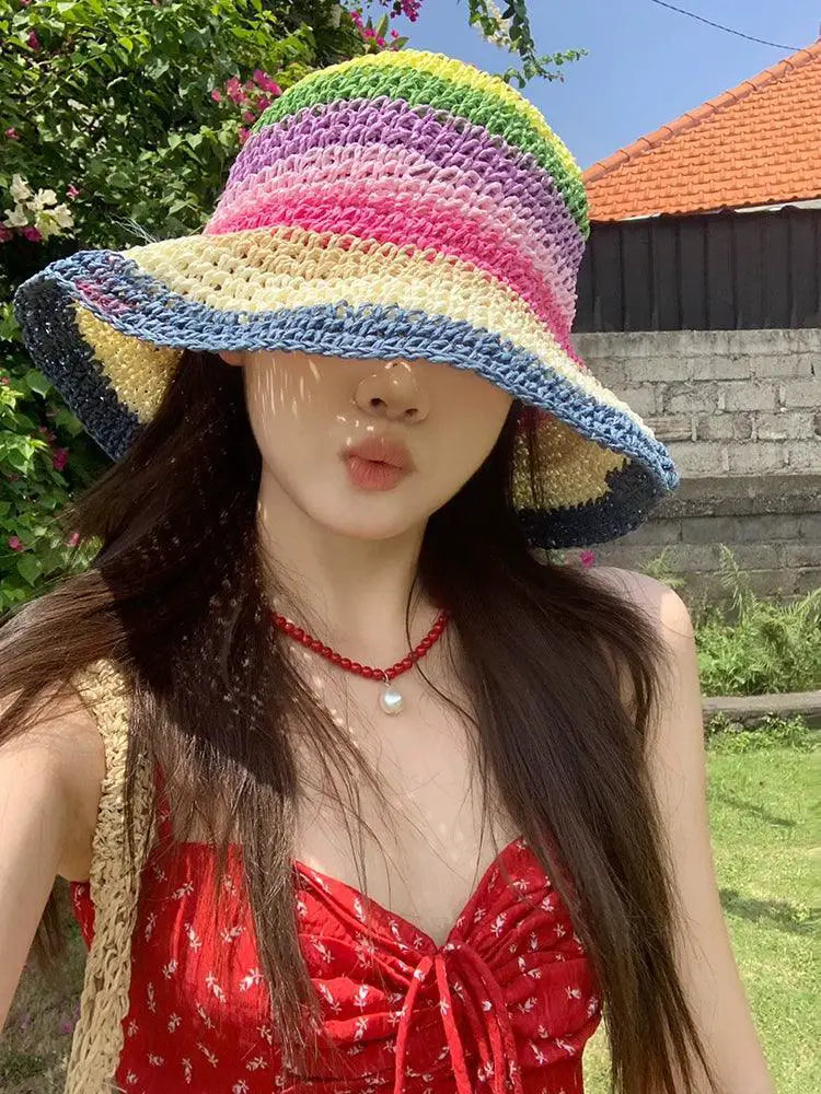 Rainbow Straw Hat For Women Sunproof Beach Summer Accessory