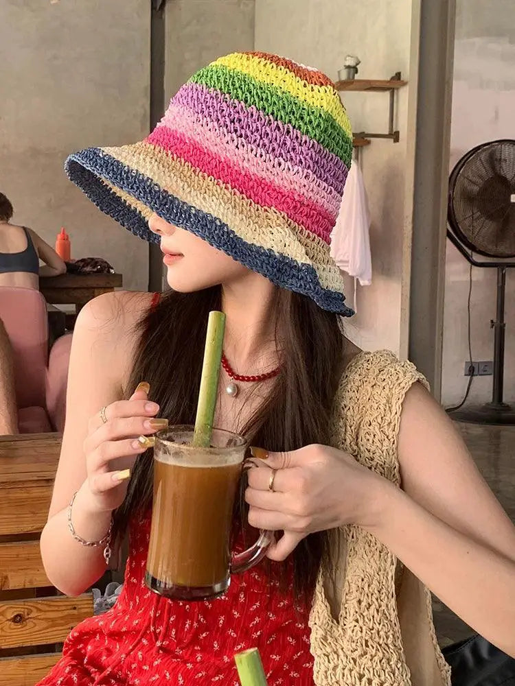 Rainbow Straw Hat For Women Sunproof Beach Summer Accessory